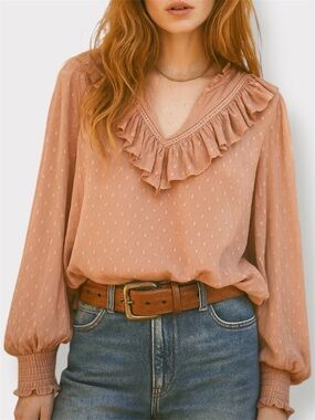 Rachel Zoe Ruffle Peasant Blouse Sheer Nude Pink Medium